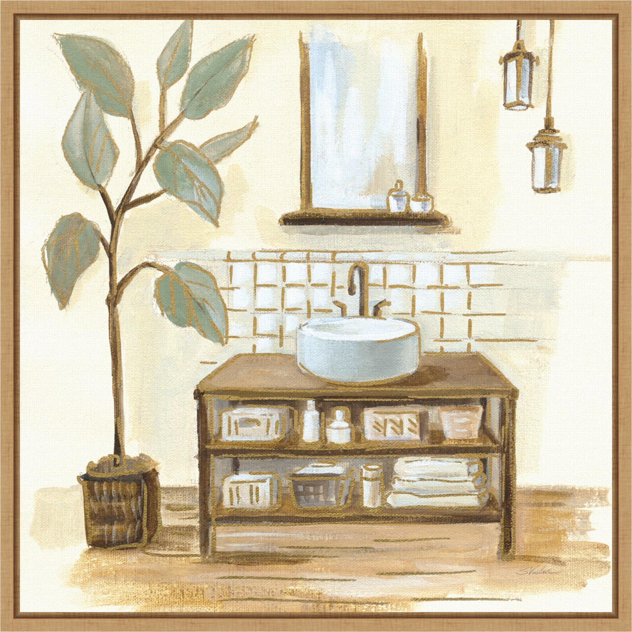 Sage Bathroom II by Silvia Vassileva 16-in. W x 16-in. H. Canvas Wall Art Print Framed in Natural